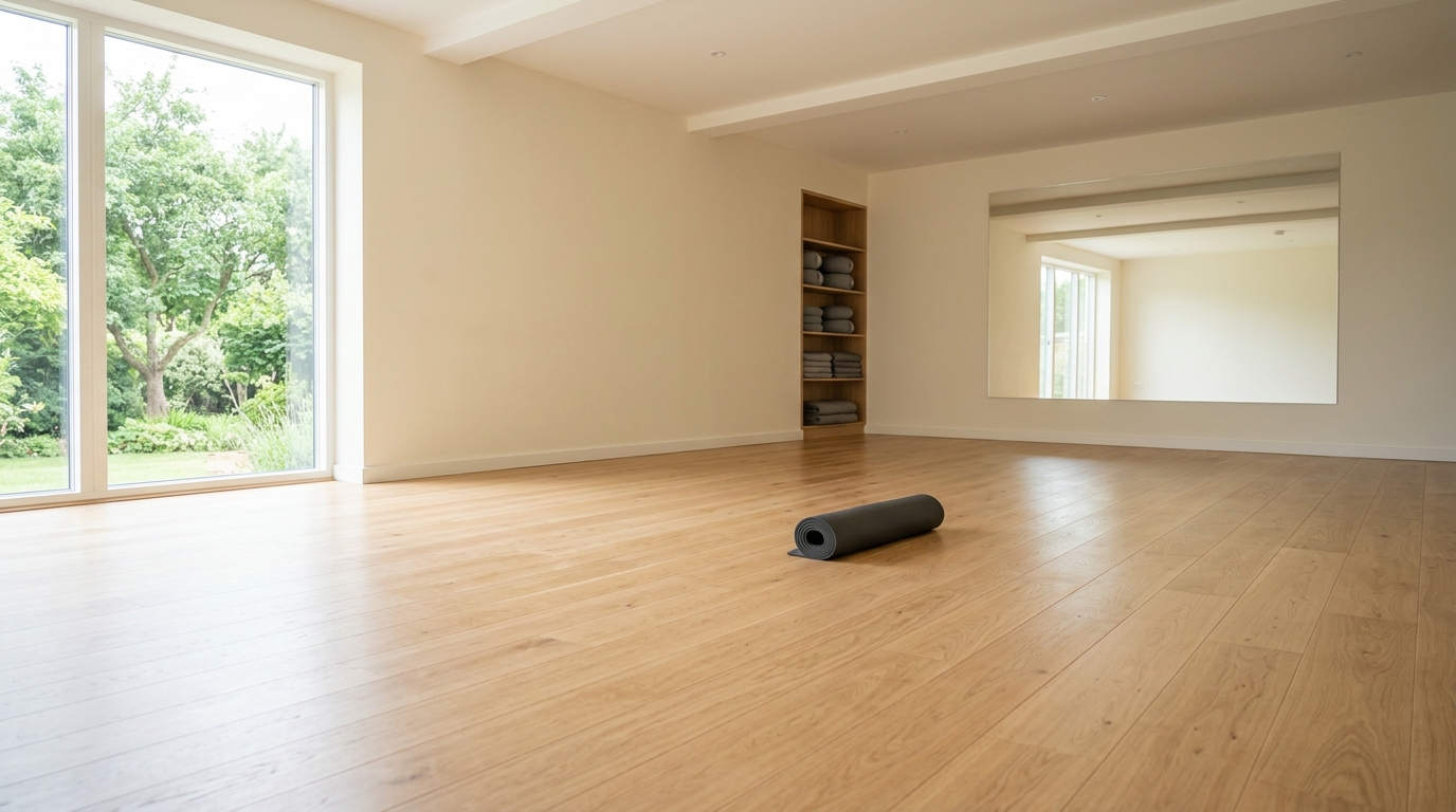 Tiché minimalistické fitness studio s dřevěnou podlahou a denním světlem